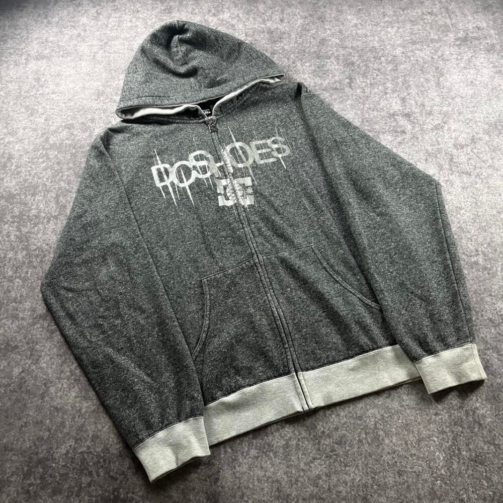 Vintage Y2K DC Shoes Full-Zip Hoodie Gray Graphic Skate Streetwear Size L